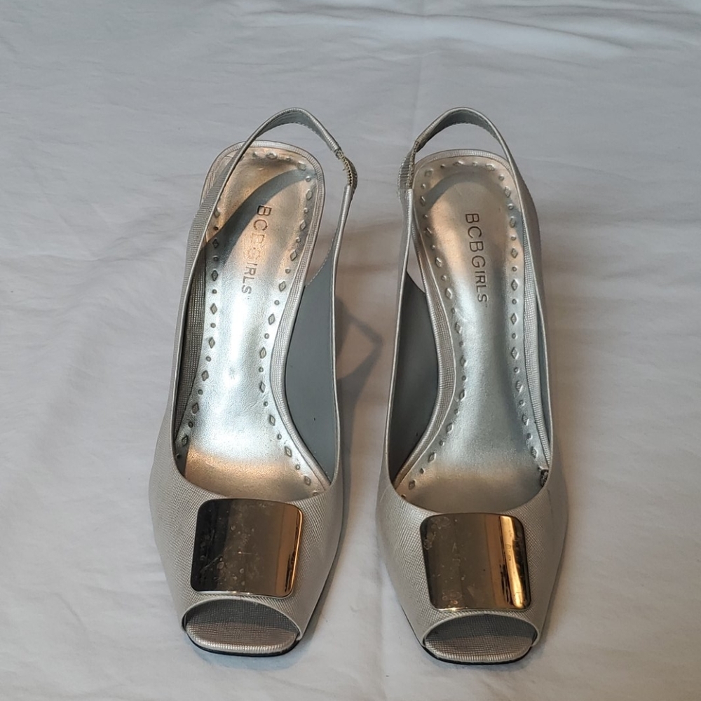 Silver open toe heels